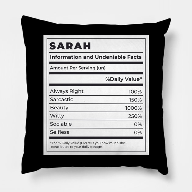 Funny Food Label Female Ingredients SARAH Pillow by SLAG_Creative