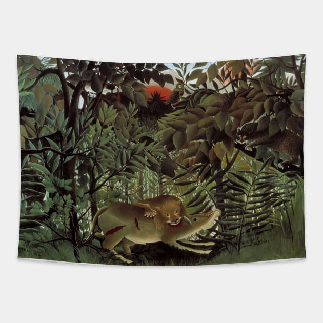 The Hungry Lion Attacking an Antelope by Henri Rousseau Tapestry by Classic Art Stall