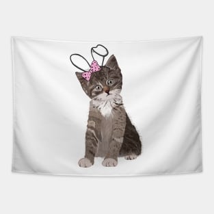 Cute hand drawn cat with easter bunny ear and pink ribbon Tapestry