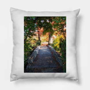 Magic Fairy Autumn Stone Bridge Leaves red yellow orange and green nature pretty delicate foliage Pillow