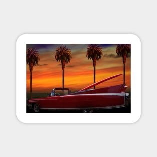 RED CADILLAC CONVERTABLE AND PALM TREES Magnet