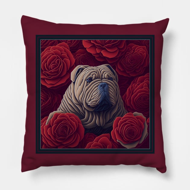Dogs, sharpei dog and flowers, dog, style vector (Red version 2 sharpei) Pillow by xlhombat