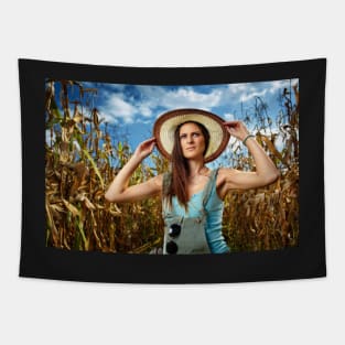 Beautiful woman farmer in the cornfield Tapestry