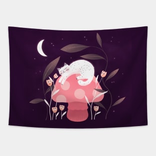 Cute white cat, mushroom and curious flowers, version 4 Tapestry