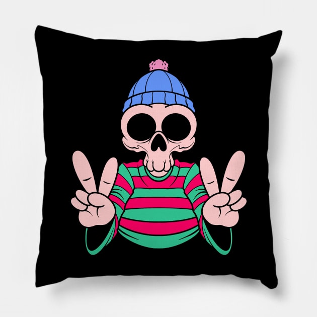 cool peace skull cartoon Pillow by TOSSS LAB ILLUSTRATION