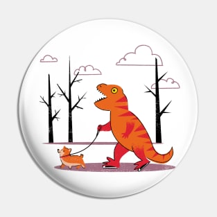 T-Rex Walking a Corgi Pin