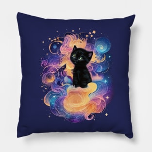 Night Magic: Black Kitten Sitting on Pink Clouds under a Starry Sky Pillow