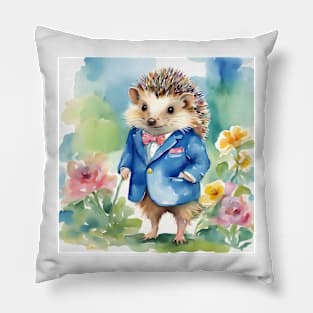 Cute Hedgehog in a blue jacket watercolor illustration Pillow