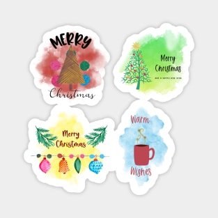Merry Christmas Sticker Pack - Watercolor Designs - Christmas tree, Ornaments, Hot Chocolate Magnet