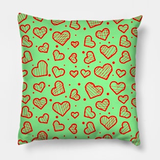 Red Artistic Sketchy Hearts Seamless Pattern on Green Background Pillow