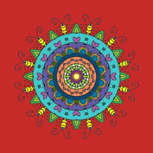 Colorful Mandala with Hearts and Bugs on Orange T-Shirt