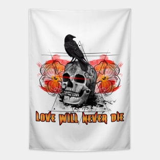 Love Will Never Die Skull and Crow Tapestry