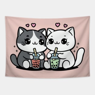 Cute Cats With Boba Tea Tapestry