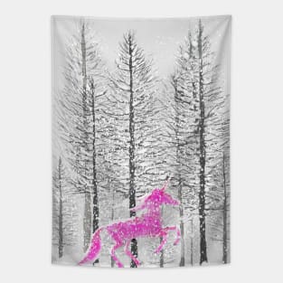 pink unicorn in snowing forest watercolor Tapestry