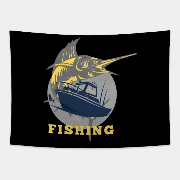 marlin fishing and boat yellow Tapestry by lmdesignco