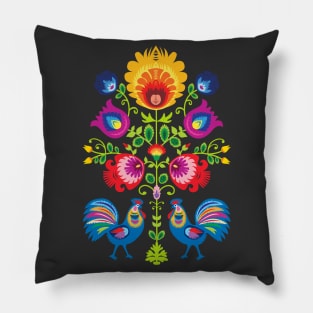 Folklore with Two Roosters - dark background Pillow