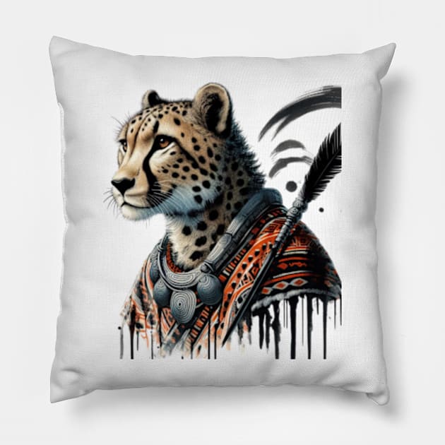 Roar with Style: Authentic African Warrior Cheetah T-Shirt - Limited Edition! Pillow by Malus Cattus