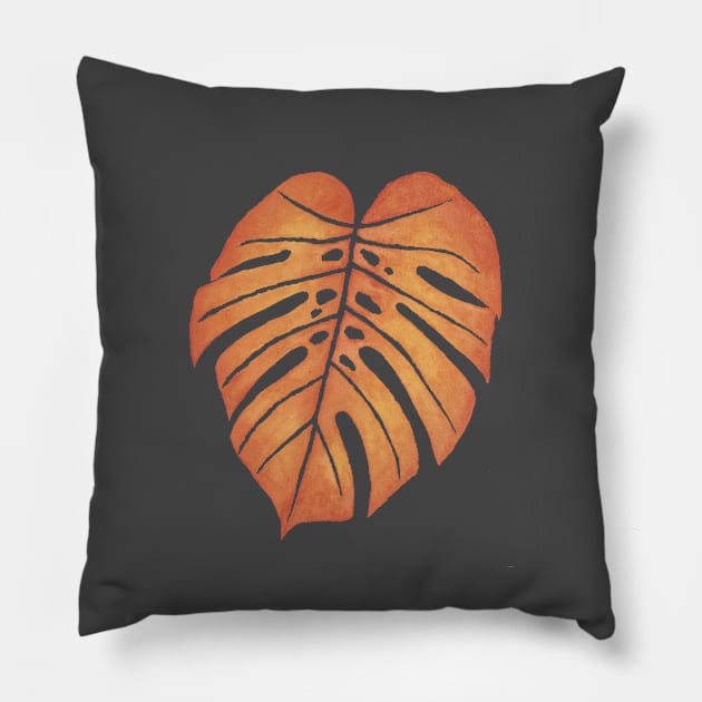 ORANGE MONSTERA LEAF – Watercolor Tropical Frond In Red & Yellow Against Slate Pillow by VegShop