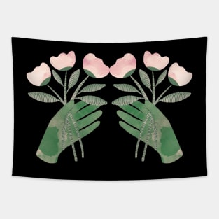 Green hands with powder pink flowers for you on black Tapestry