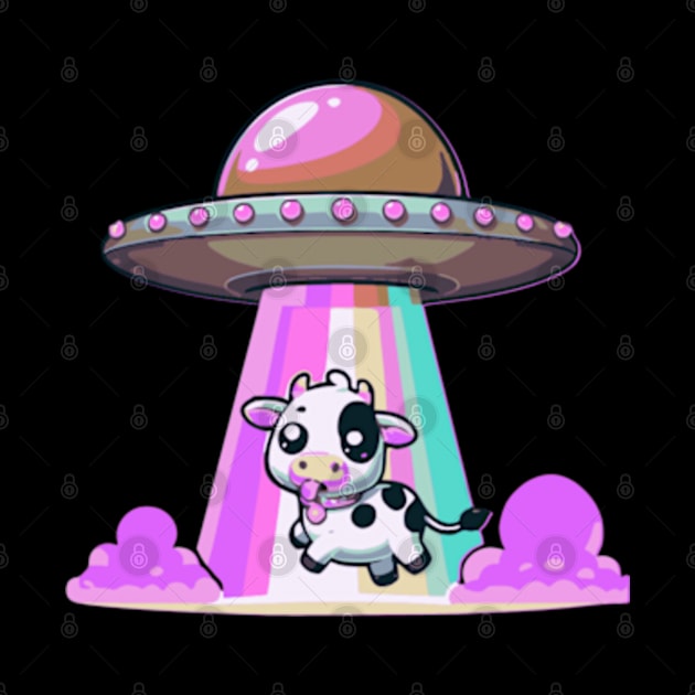 Funny Kawaii Cow UFO Abduction Cute Tongue Out by Lavender Celeste