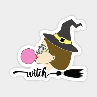 Fun, aesthetic, original witch, with gum and a broom. Magnet