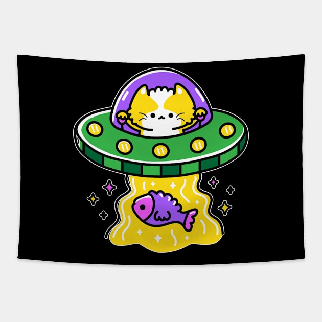 Alien Cat - Funny UFO Abduction Space Joke Cat Flying Saucer Tapestry by YouareweirdIlikeyou