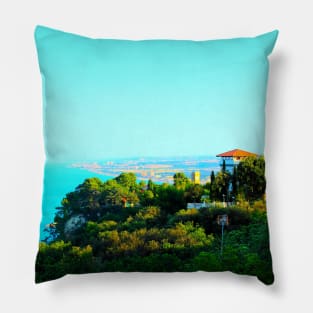 Scenery from Piazzale Marino in Sirolo with human settlements, Adriatic Sea, greenery and towers Pillow