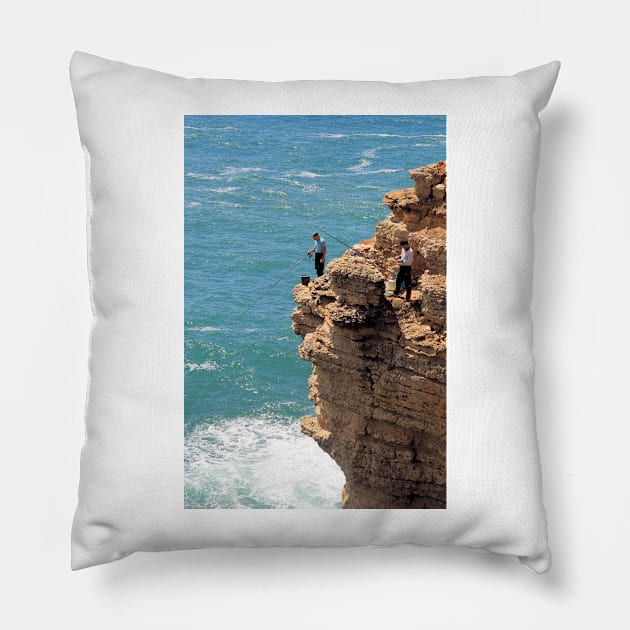 Living dangerously - Cliff fishing at Cabo de São Vicente, Portugal Pillow by WesternExposure