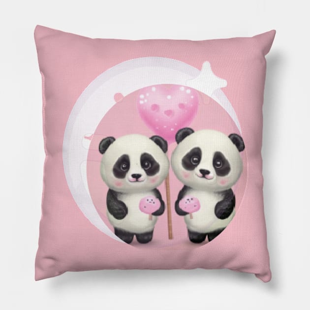 two cute panda graphics with mini eyes hearts pink Pillow by TOMOBIRI