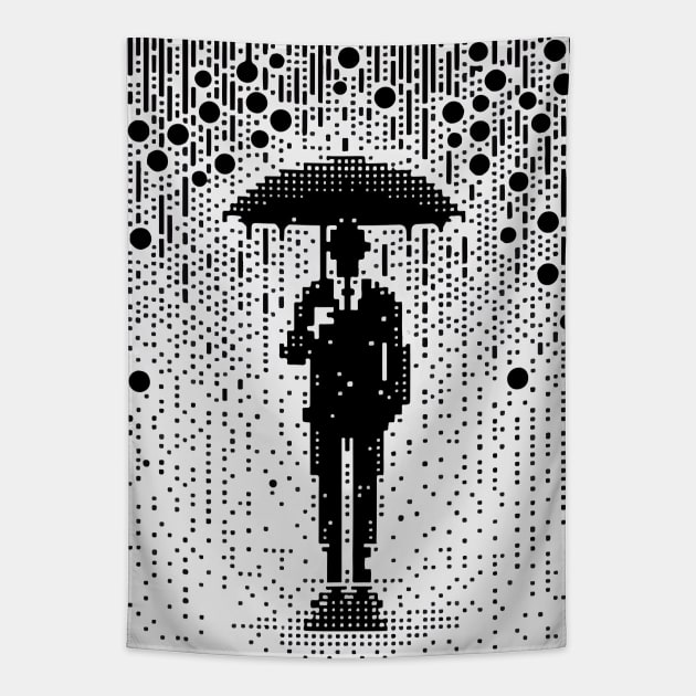 Man in suit with umbrella in rain pixel art Tapestry by TomFrontierArt