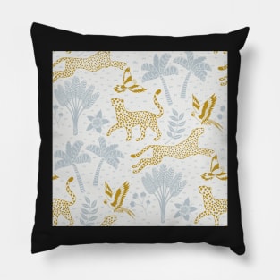 cheetahs and parrots in the jungle | bluish gray and gold | repeat pattern Pillow