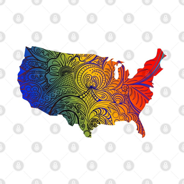 Colorful mandala art map of the United States of America in blue, yellow and red with dark hues by Happy Citizen