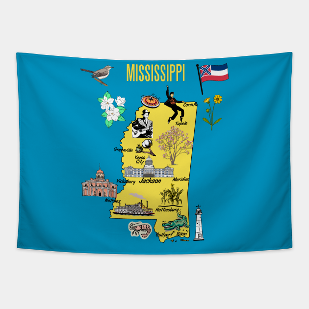 Mississippi tourist map with landmarks, attractions and famous symbols