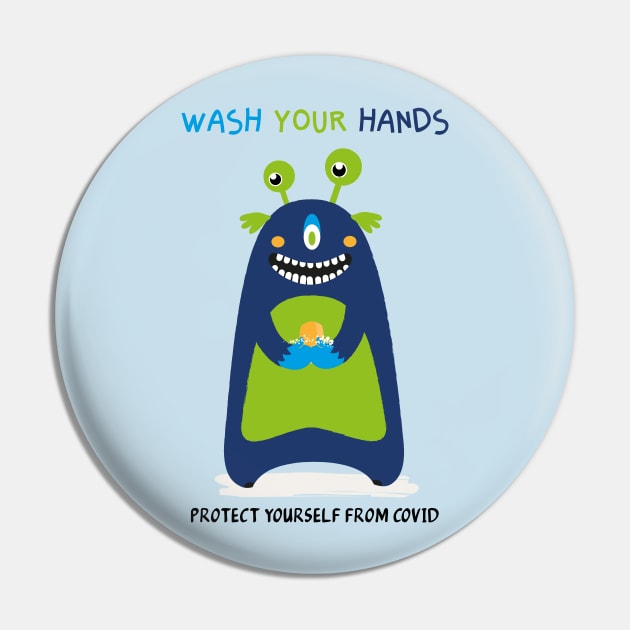 Wash your hands - happy monster Pin by grafart