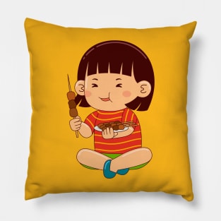 girl kids eating satay Pillow