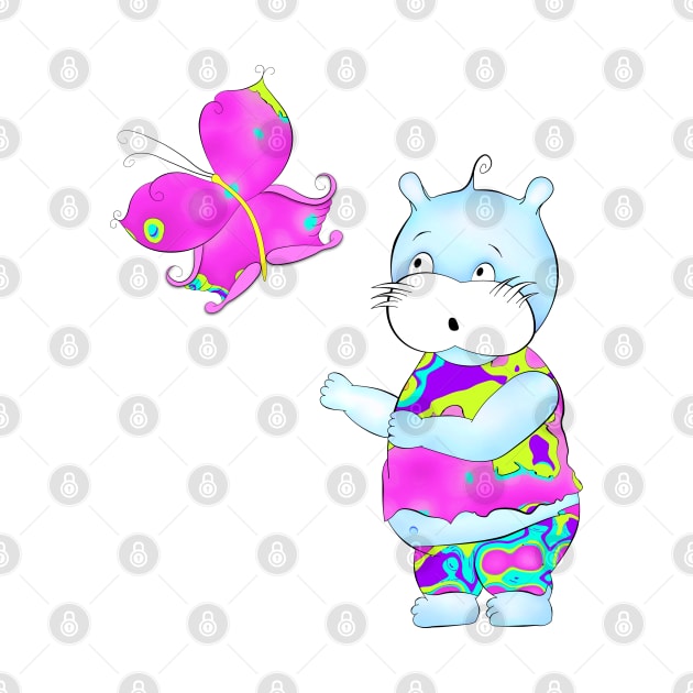 Cute hippie hippo looking at butterfly by stefy