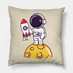 Cute Astronaut Holding Rocket On Moon Cartoon Pillow