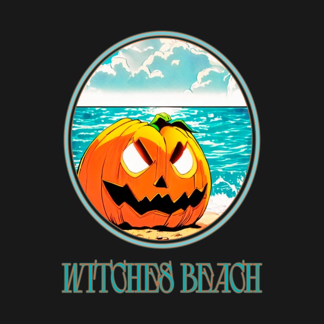 aggressive laughing halloween pumpkin on the beach with a tan on the bloody witches beach by Quileos