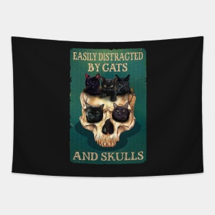 Easily Distracted By Cats And Skulls Skull Cat Lover Tapestry