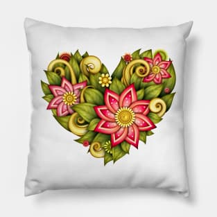 Heart with Flowers, Leaves and Swirls Pillow