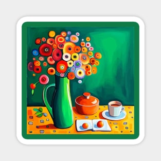 Cute Abstract Flowers in a Green Vase Still Life Painting Magnet