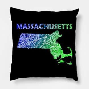 Colorful mandala art map of Massachusetts with text in blue and green Pillow