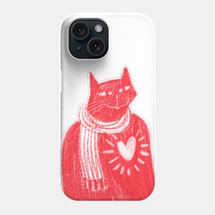 Chic red cat with scarf and heart Phone Case