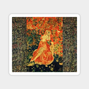 LADY WITH HAWK AMONG FLOWERS AND OAK LEAVES ,HARES, Orange Green Floral Magnet