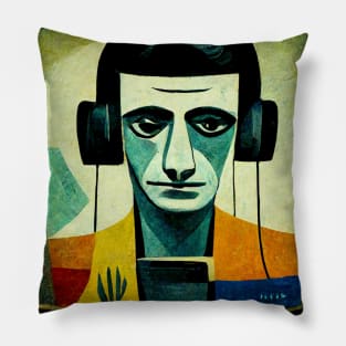 Mid Century Man with Headphones Pillow