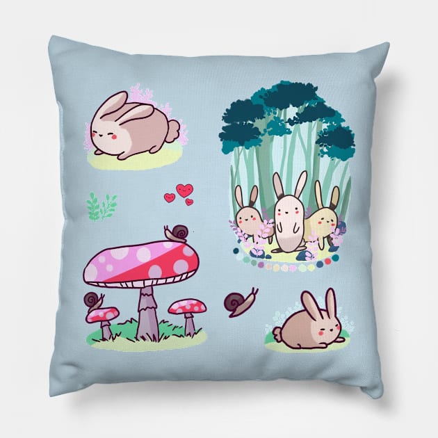 Cute bunnies and mushrooms sticker pack (get in medium or large) Pillow by Mayarart