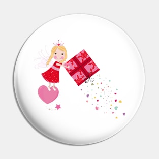 Cute fairy tale holding a gift box with hearts Pin