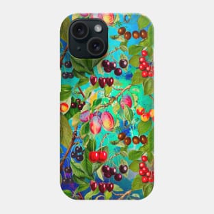 Exotic tropical floral leaves and fruits, botanical pattern, tropical plants, blue turquoise fruit pattern over a Phone Case