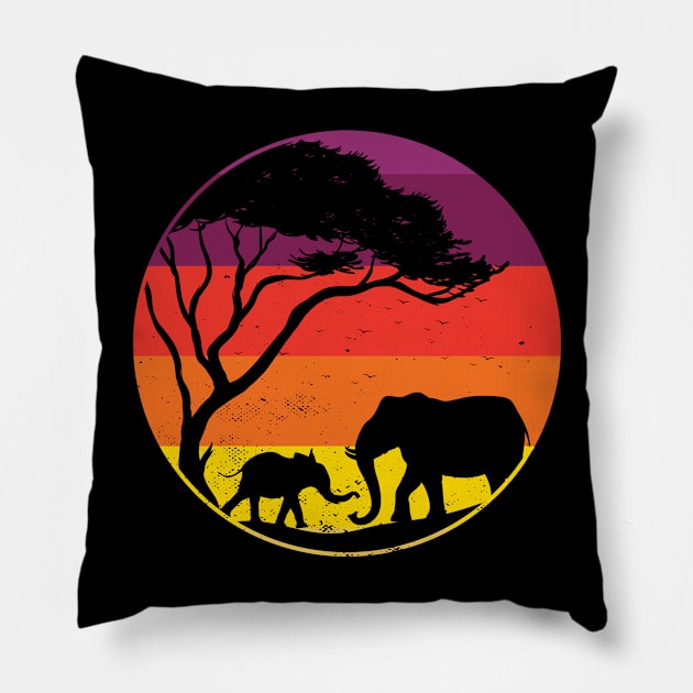 Vintage Elephant Sunset Colors Silhouette Pillow by TeddyTees