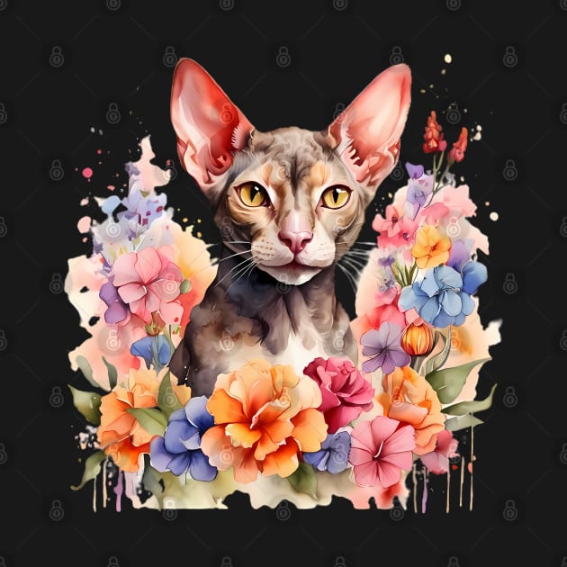 A cornish rex cat decorated with beautiful watercolor flowers by CreativeSparkzz